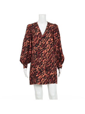 Sandro Paris Silk Leopard Print Dress FR 38 (M) V-Neck Puff Sleeve Mini Designer